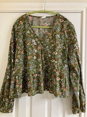 4/$20 a.n.a Olive Floral V-Neck Blouse with White and Rust Flowers